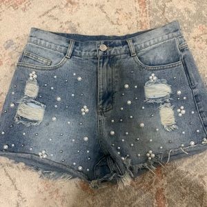 Boutique pearl embellished denim shorts. Super cute for bachelorette party!
